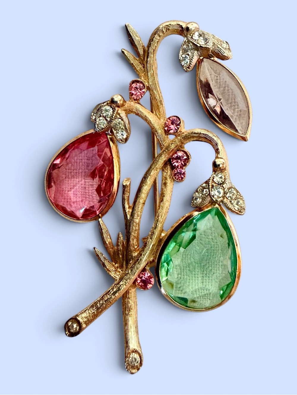 VTG BSK Signed Fruit & Floral Brooch Pink Green Prpl Clear Rhinestones Gold Tone